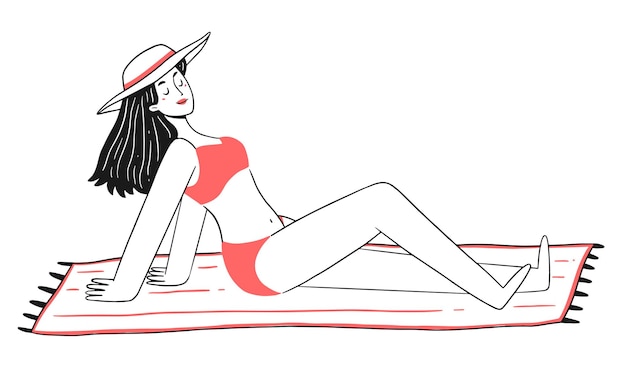 A girl in a swimsuit and a hat is sunbathing on the beach The character is a woman in a linear doodle style Vector illustration