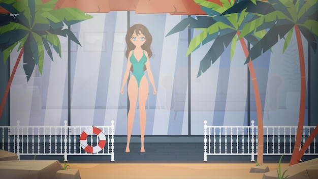 A girl in a swimsuit poses on the veranda of the villa