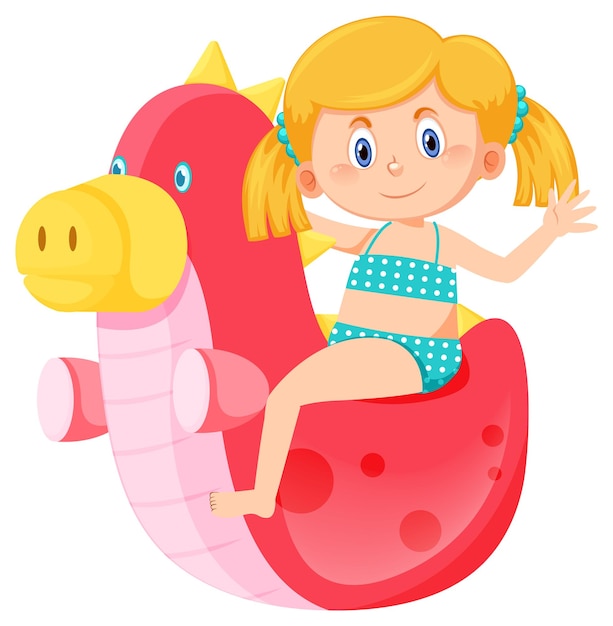 Girl in swimwear next to inflatable dinosaur