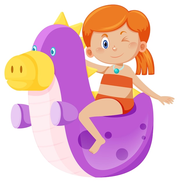 Girl in swimwear next to inflatable dinosaur