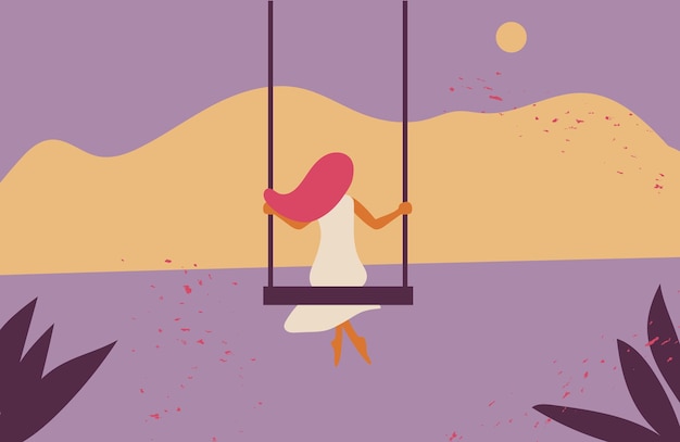 Girl on a swing on a background of mountains and the sea. Vector illustration.