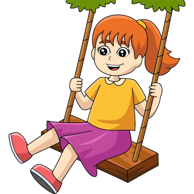 Girl On A Swing Cartoon Colored Clipart