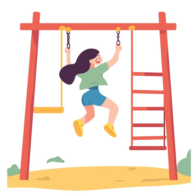 A girl swinging on monkey bars at a playground