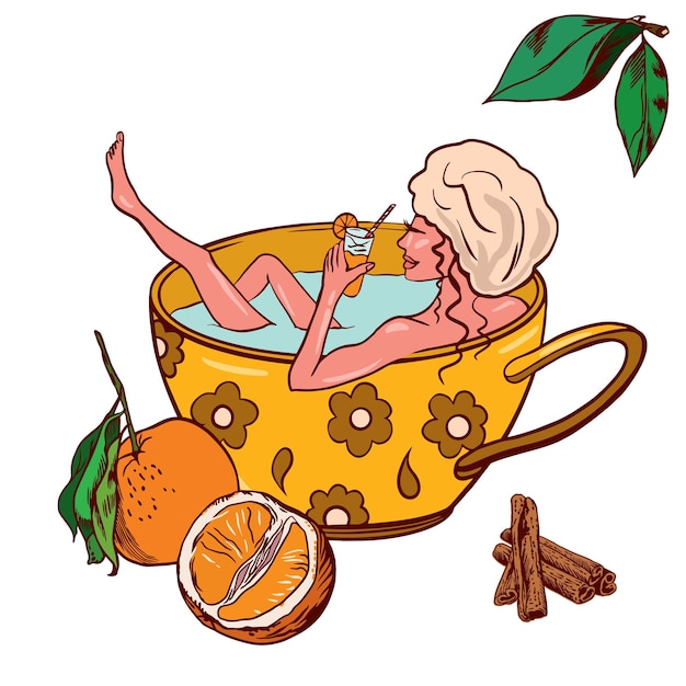 A girl takes a bath with the aromas of orange and cinnamon Vector illustration for spa and artomotherapy Labels for cosmetic products shower gel