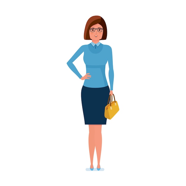 Girl teacher character stands with bag in hand and smiles