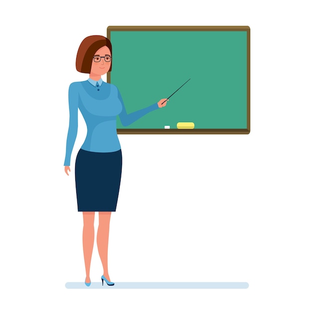 Girl teacher with school pointer in hand next to board