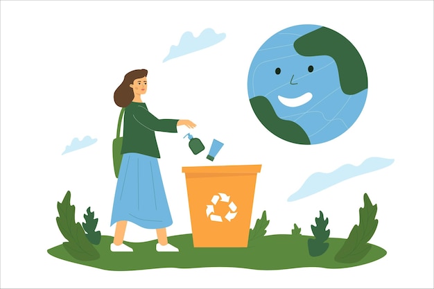 A girl throws plastic bottles into a dumpster, a smiling planet above her, a metaphor for the usefulness of recycling plastic.