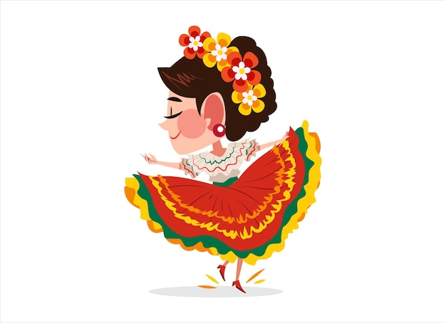 A girl in a traditional dress with a green skirt and red flowers.