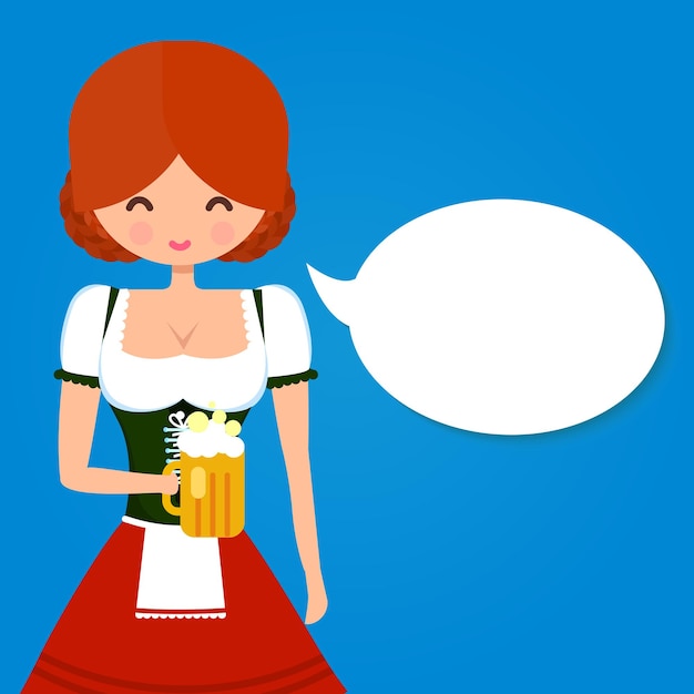 Girl in traditional german dress dirndl with glass of beer speech bubble Oktoberfest illustration