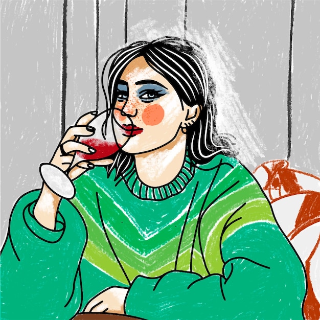 A girl in a trendy sweater drinks red wine bright colors