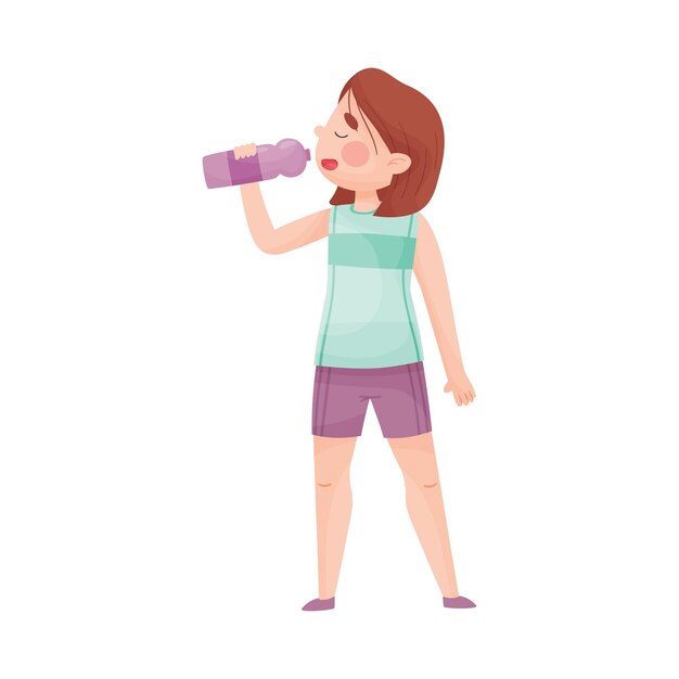 Girl in tshirt drinking cool water from bottle because of hot weather vector illustration