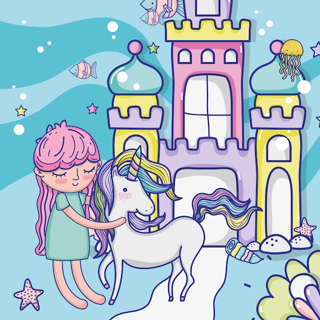 Girl and unicorn cute cartoons