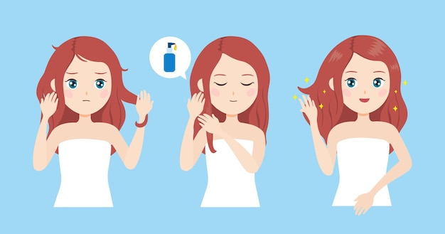 The girl use hair oil to care hair Premium Vector