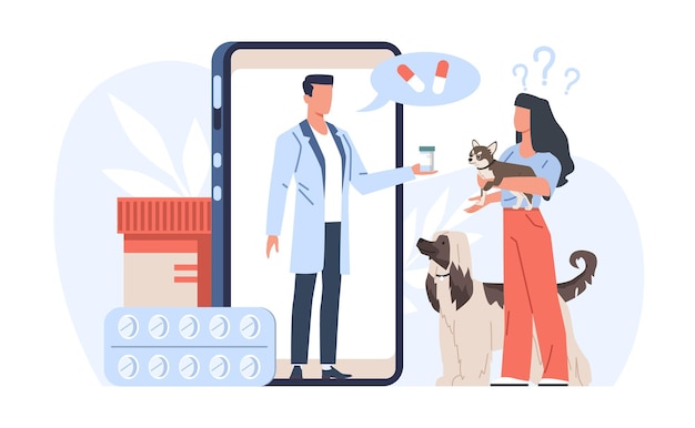 Vector girl uses online vet services and talks to veterinarian about treating her dog huge smartphone with doctor on screen domestic animals clinic vector cartoon flat isolated medical concept