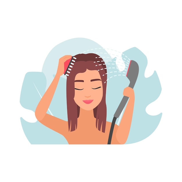 Vector girl using massage accessory to comb hair under running water