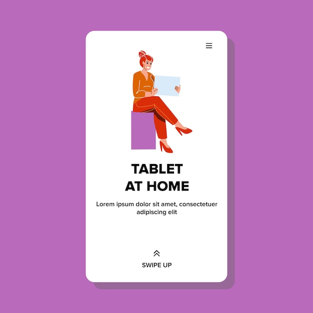 Girl Using Tablet At Home For Communication Vector. Young Woman Use Digital Tablet At Home For Searching Information In Internet And Watching Movie. Character Gadget Web Flat Cartoon Illustration