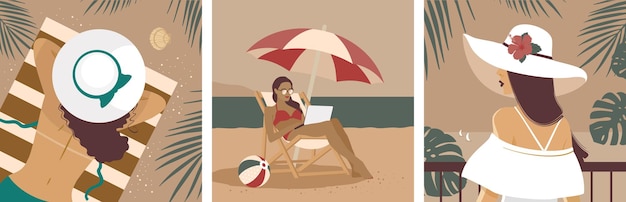 A girl on vacation on the beach. A set of illustrations.