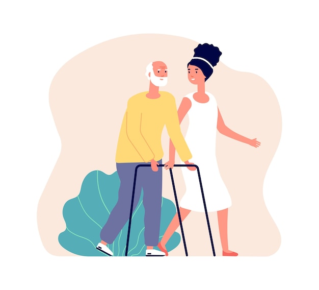 Girl volunteering. Young woman and old man, nurse and patient. Rehabilitation helping, medical support during recovery vector illustration. Woman volunteer help old man