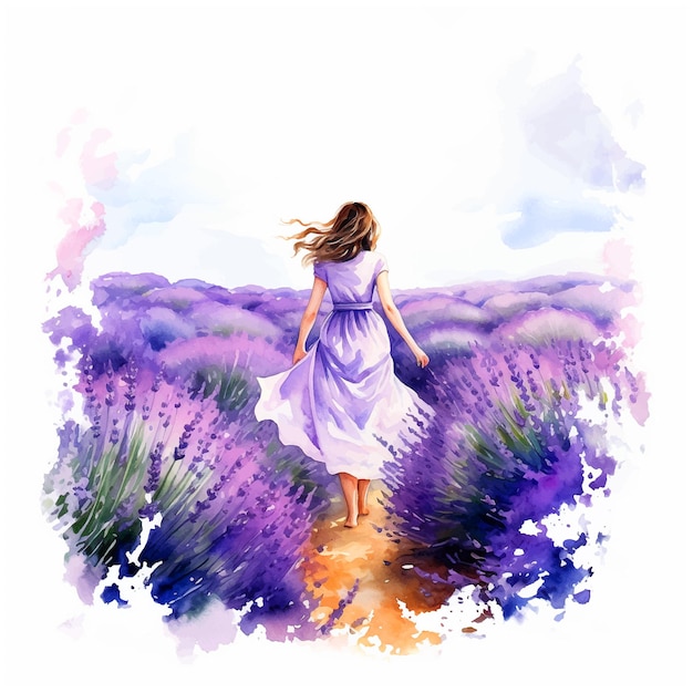 Girl walking in lavender fields watercolor painting