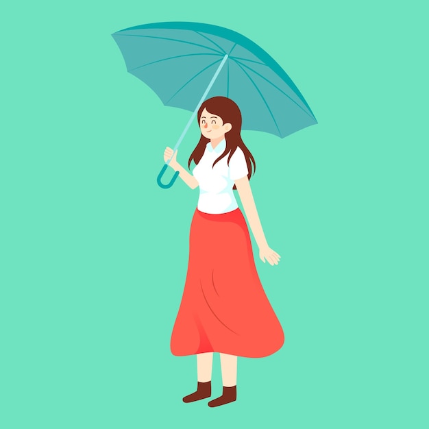 Girl walking outside with umbrella on rainy day spring farmland in background vector illustration