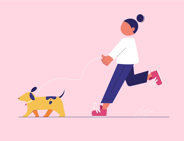 Girl walking with dog on leash. Simple flat illustration with geometric elements.