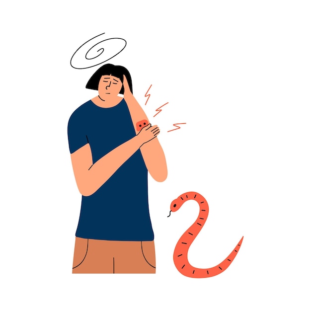 Vector the girl was bitten by a venomous snake. poisoning symptoms. vector illustration in flat style