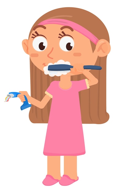 Vector girl washing teeth cartoon kid dental hygiene