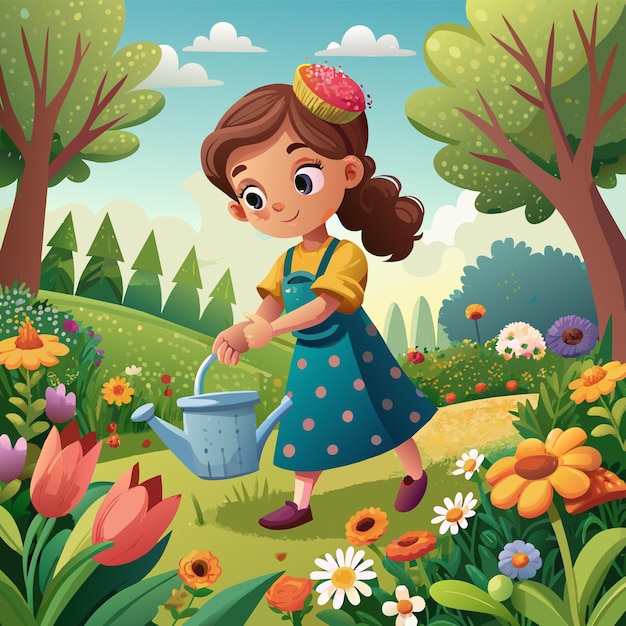 Vector a girl watering flowers in a garden with a watering can