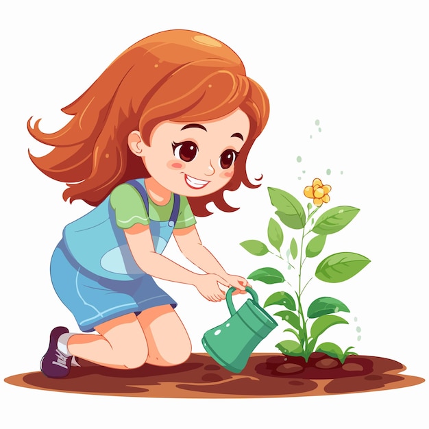 Girl Watering Plants Illustration on White Background