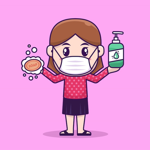 girl wear face mask holding soap and liquid bottle