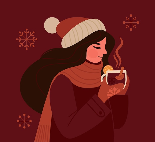 Vector girl wearing big cozy scarf holding cup with mulled wine in winter season