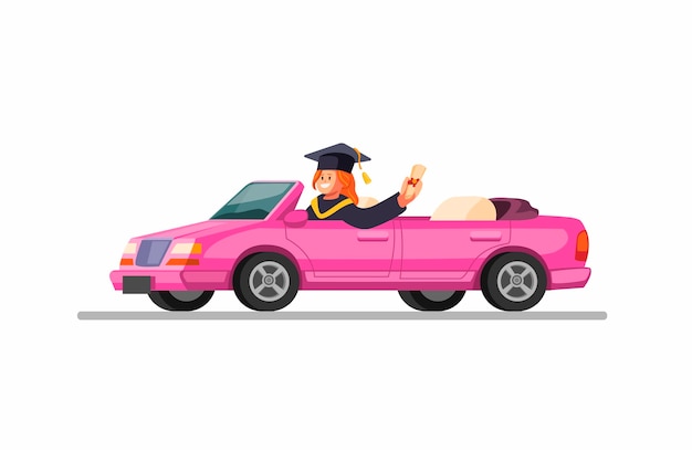 Girl wearing graduation gown and riding car Academy Celebration with limousine car concept in cartoon illustration  on white background