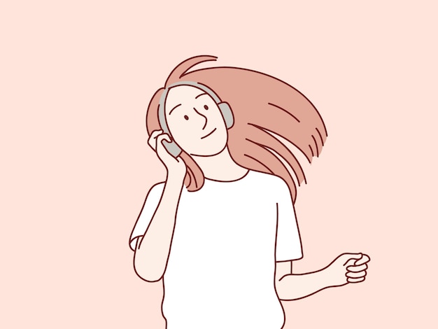 Girl wearing headphones listening to music and dancing simple korean style illustration