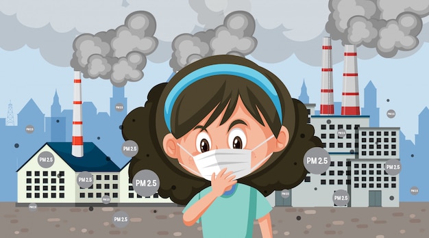 Girl wearing mask in front of the factory full of smoke