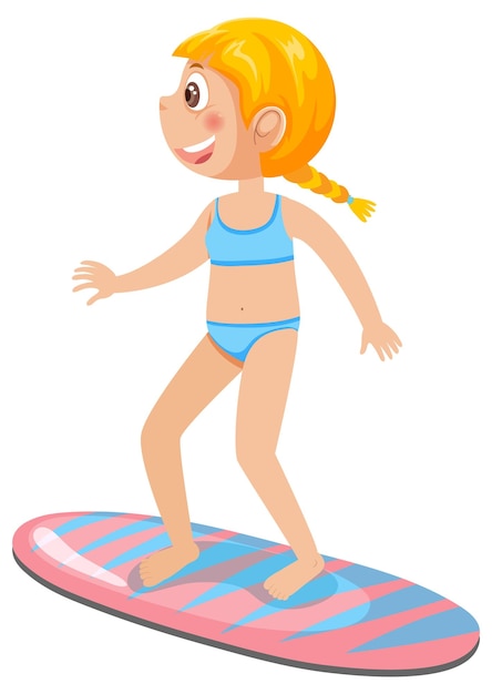 A girl wearing swimsuit standing on surfboard