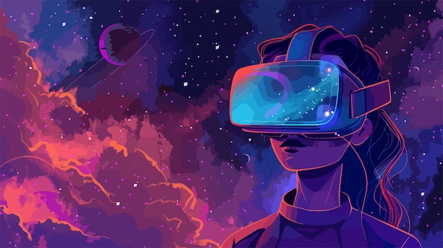 Vector girl wearing virtual reality glasses seeing herself in galaxy