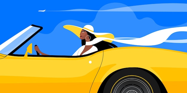 Girl in a widebrimmed white hat with a long flowing scarf in a classic convertible yellow car