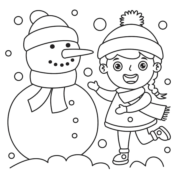 Girl in winter clothes making a snowman, Line Art Drawing For Kids Coloring Page