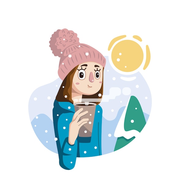 Girl in winter holding a coffee cup with winter background and snow