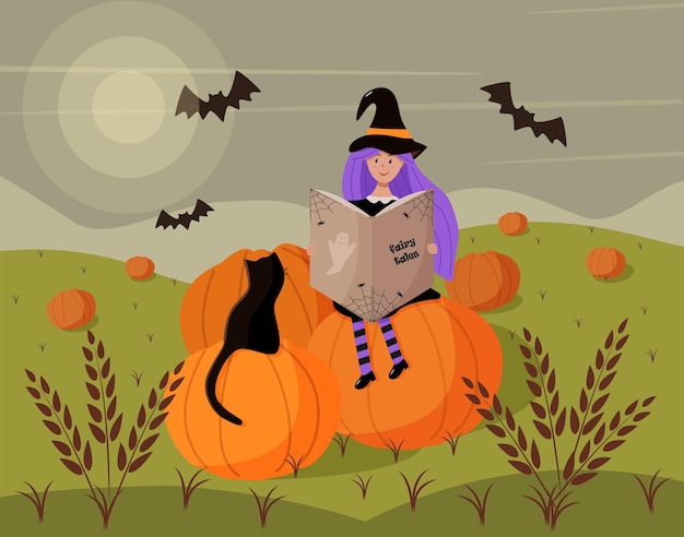 A girl in a witch costume is sitting on a pumpkin with a cat and a book Halloween cartoon scene Vector illustration of a wheat field with pumpkins and bats