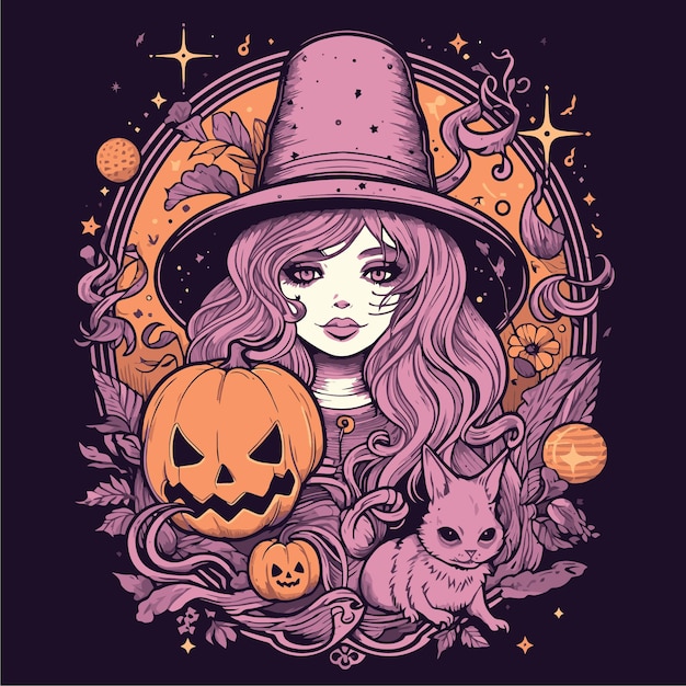 A girl in a witch hat with a pumpkin and a cat.