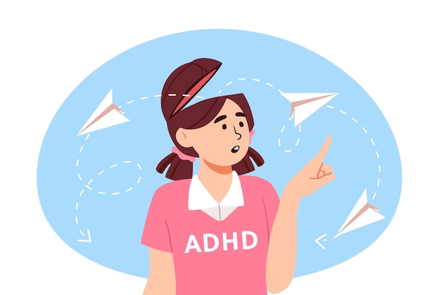 Girl with Adhd concept Child with mental disorder and psychological illness Child counts paper air planes and follows them Problem with attention and concentration Cartoon flat vector illustration