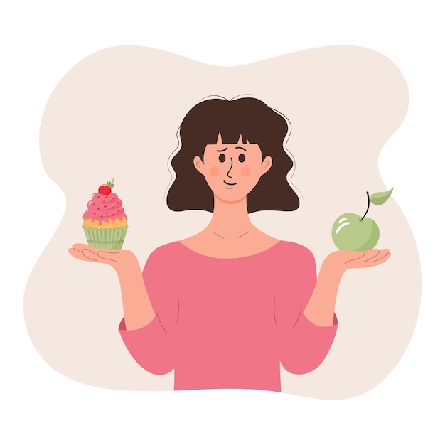 Vector girl with an apple in one hand and a cake in another thinking what is better to eat diet choice