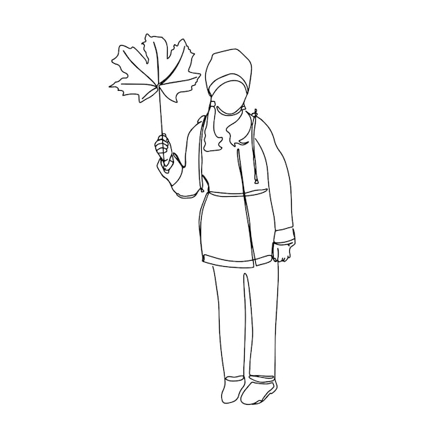 Girl with autumn maple leaf One line vector illustration