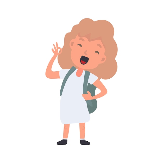 A girl with a backpack waves. Satisfied schoolboy girl. Suitable for design at school or on vacation. Isolated. Vector.