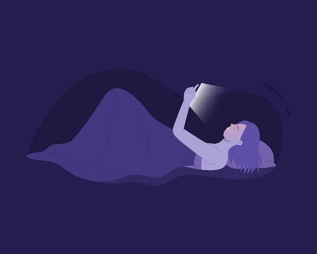 Vector girl with bad night habit of using smartphone