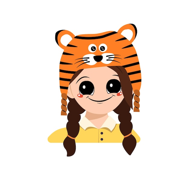 Girl with big eyes and wide smile in tiger hat cute kid with joyful face in festive costume for new ...