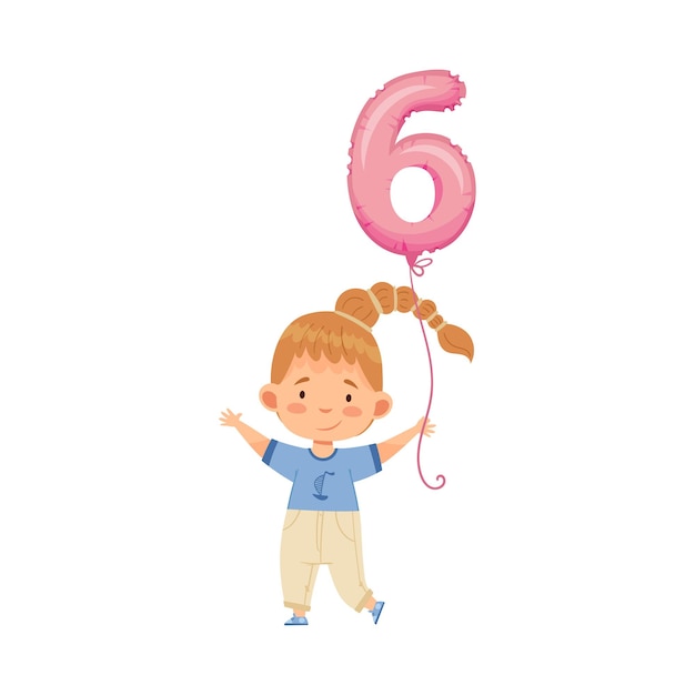 Vector girl with braid holding lilac number shaped balloon by the string vector illustration