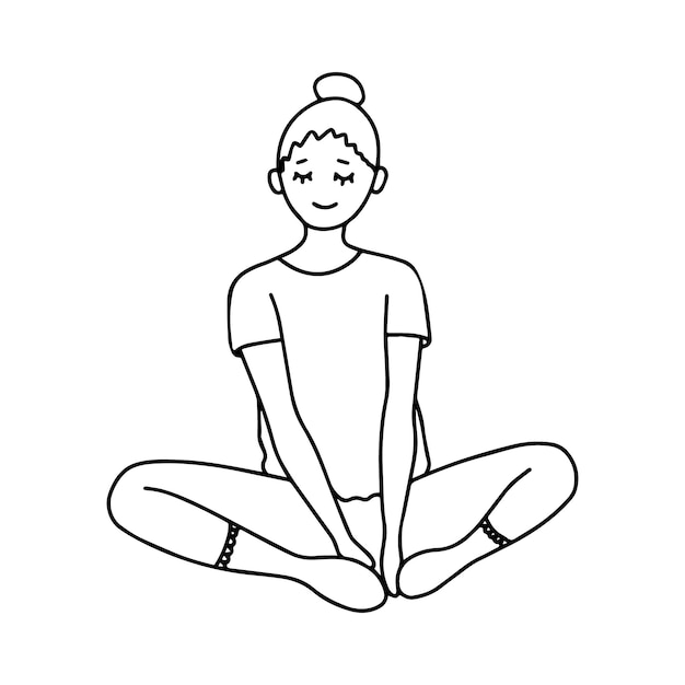 A girl with a bun on her head in a tshirt and pants sits in Turkish style sports exercises healthy lifestyle sports doodle linear cartoon coloring