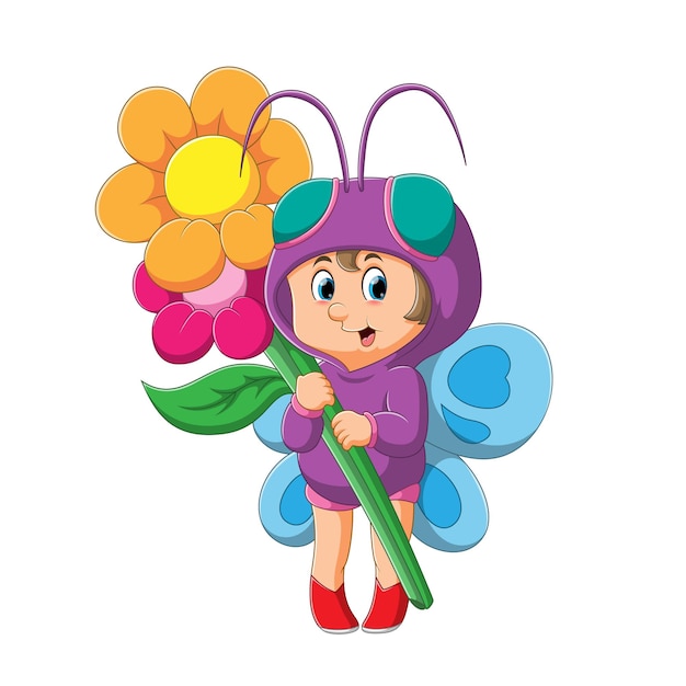 The girl with the butterfly costume is holding the flowers of illustration